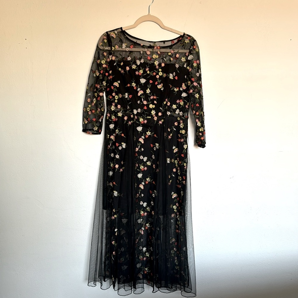Black Embroidery Floral Dress See through Mid Section
